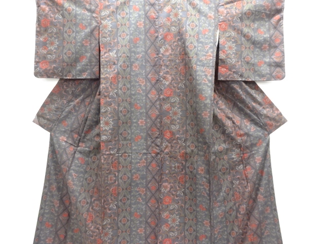 JAPANESE KIMONO / DORO OSHIMA TSUMUGI (5 maruki) / WOVEN ARABESQUE FLOWER 